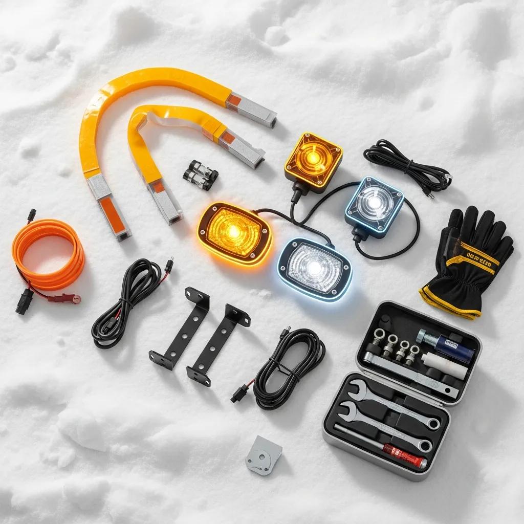 Snow plow accessories like markers, work lights and maintenance kits laid out on a snowy surface