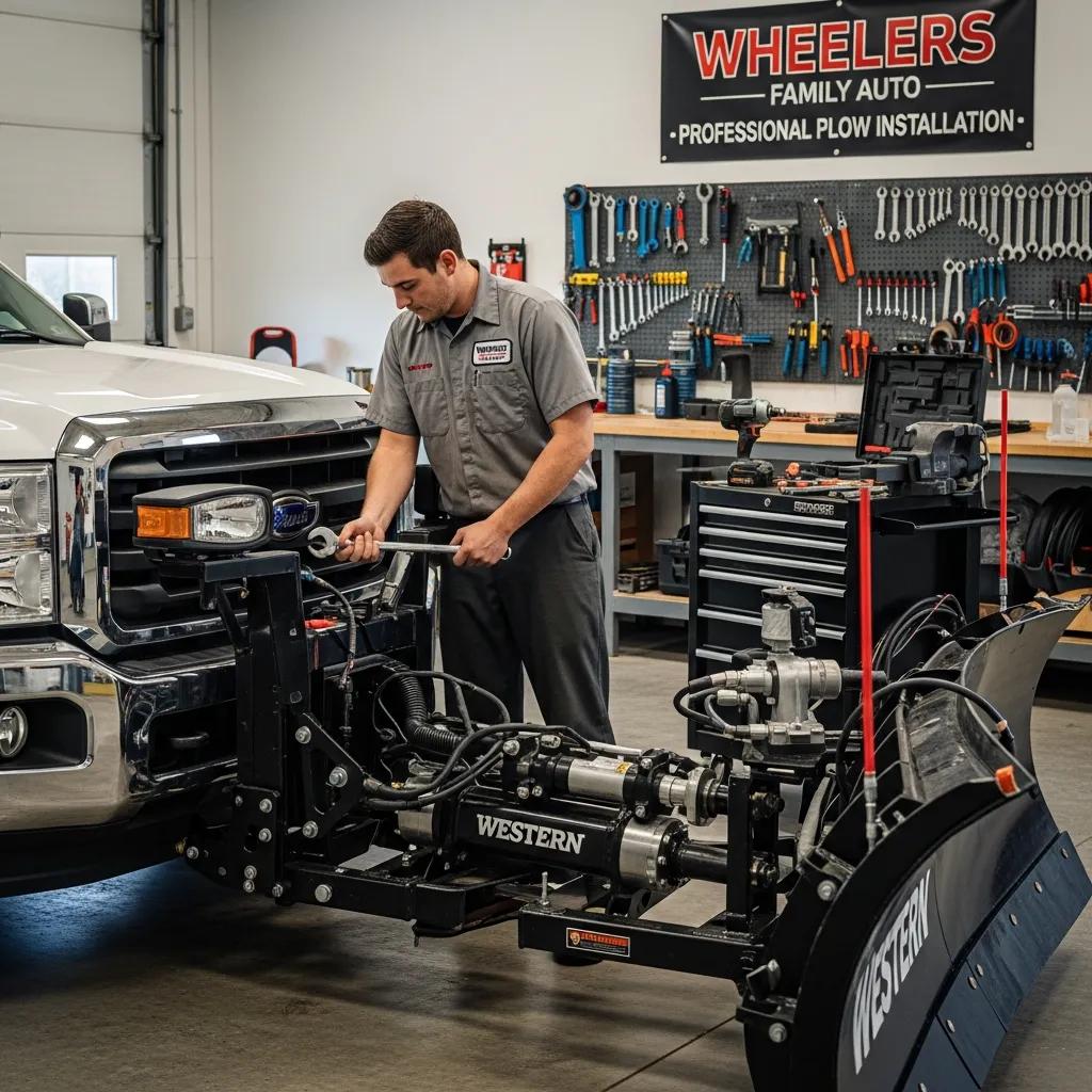 Technician installing a Western Plow on a truck in a professional workshop