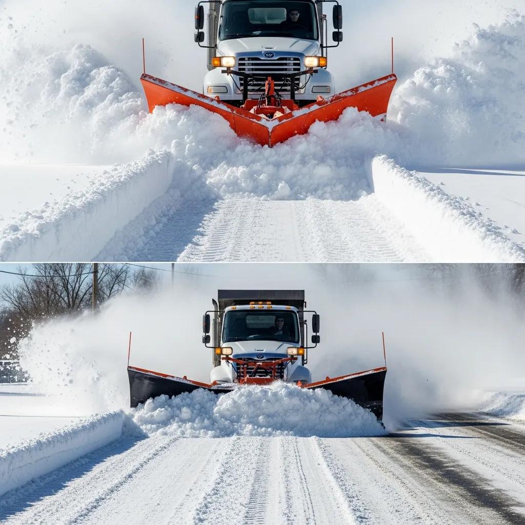 A V-plow and a straight blade plow working side by side to show how each clears snow