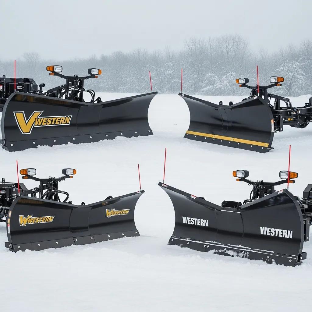 Various Western snow plow models in a snowy landscape, showcasing their designs and functionalities