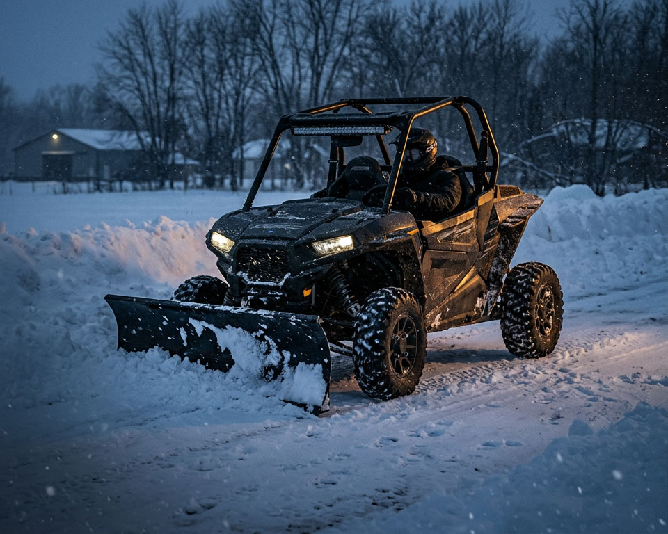Side-by-side UTV with a Western Impact straight-blade snow plow pushing snow on a rural Wisconsin property