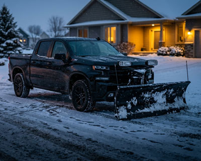 Black Chevrolet Silverado half-ton with a Western HTS straight-blade plow in a snowy Wisconsin driveway